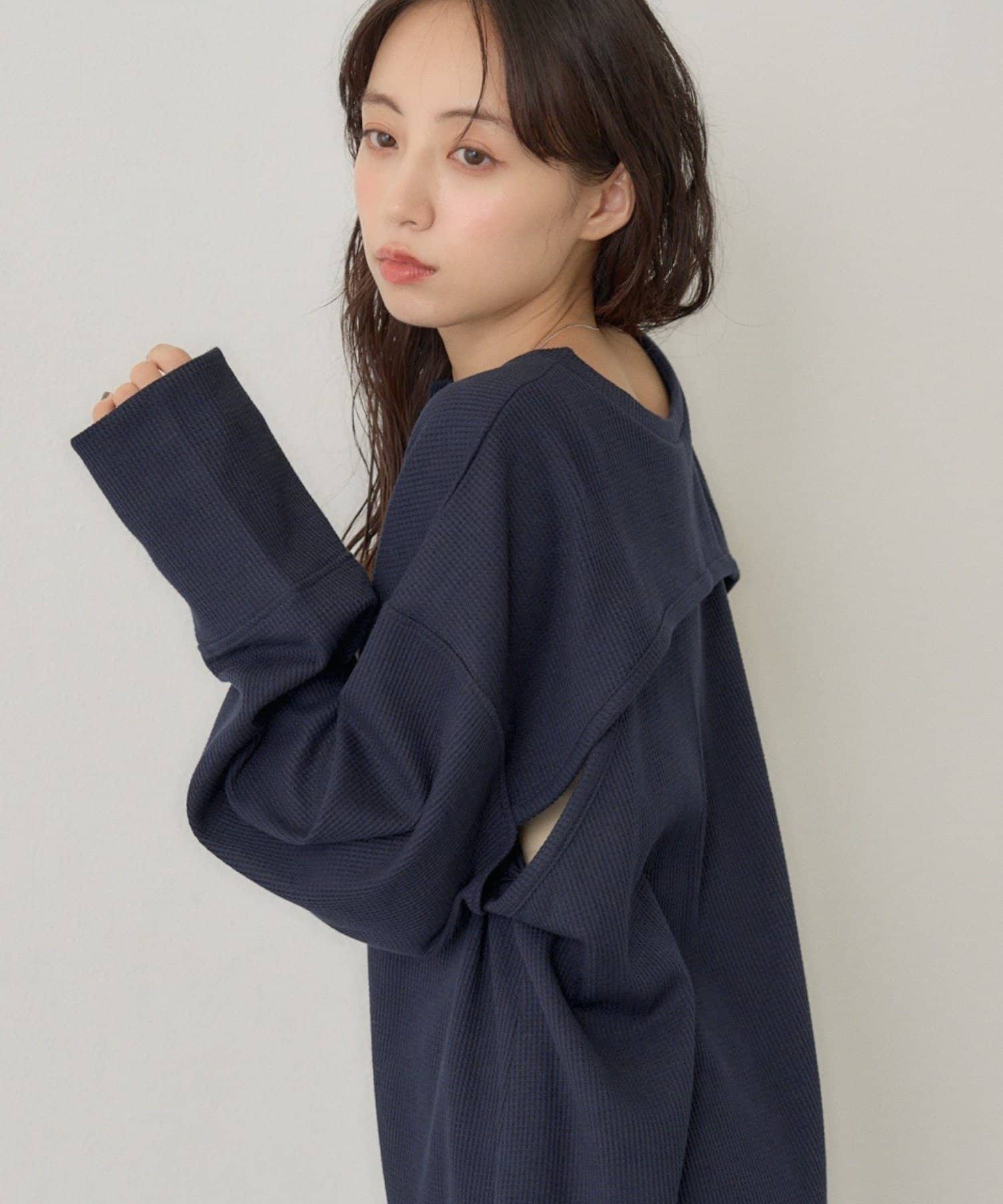 【SNS热议/8月订单量No.1/新色追加/可搭配成套】花朵华夫格亨利领上衣 34