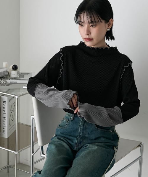 袖口撞色百褶波浪边拼接薄纱上衣 24