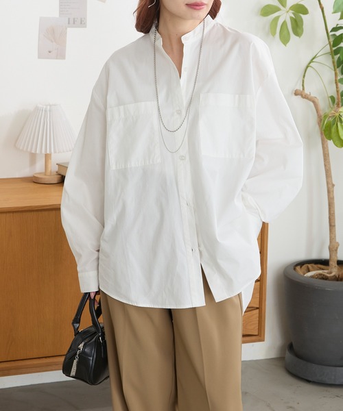 易打理 双口袋多花色宽松廓形立领衬衫 41