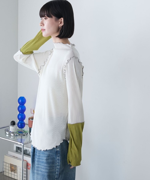 袖口撞色百褶波浪边拼接薄纱上衣 72