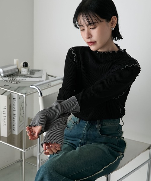 袖口撞色百褶波浪边拼接薄纱上衣 23