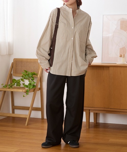 易打理 双口袋多花色宽松廓形立领衬衫 65
