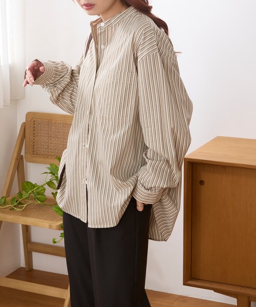 易打理 双口袋多花色宽松廓形立领衬衫 61