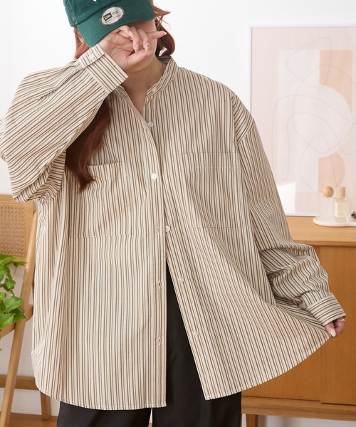 易打理 双口袋多花色宽松廓形立领衬衫 59