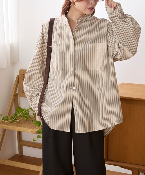 易打理 双口袋多花色宽松廓形立领衬衫 60