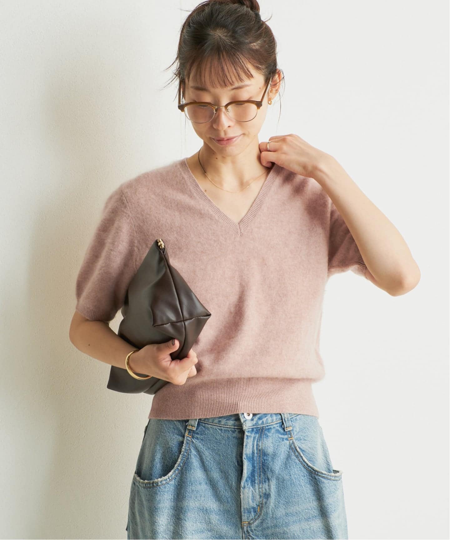 毛绒感V领短袖针织衫 18