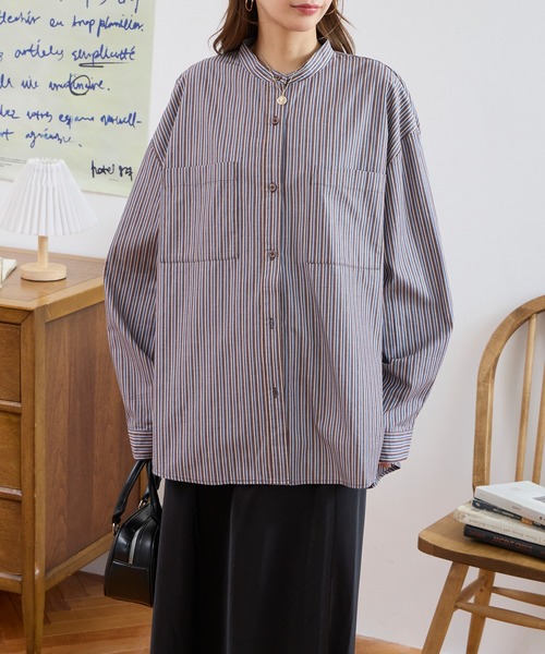 易打理 双口袋多花色宽松廓形立领衬衫 51