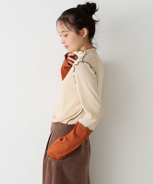 袖口撞色百褶波浪边拼接薄纱上衣 106