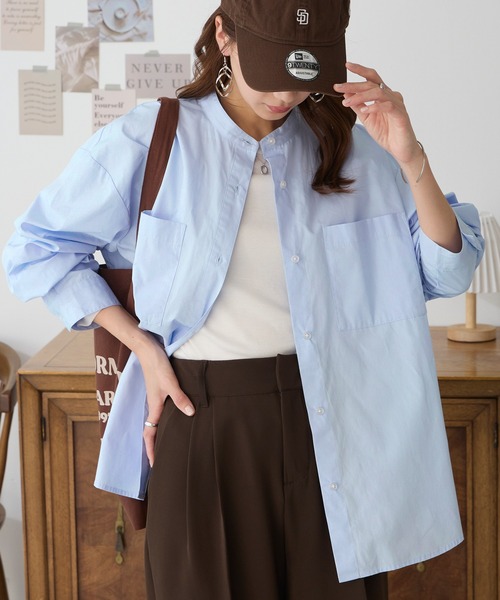 易打理 双口袋多花色宽松廓形立领衬衫 3