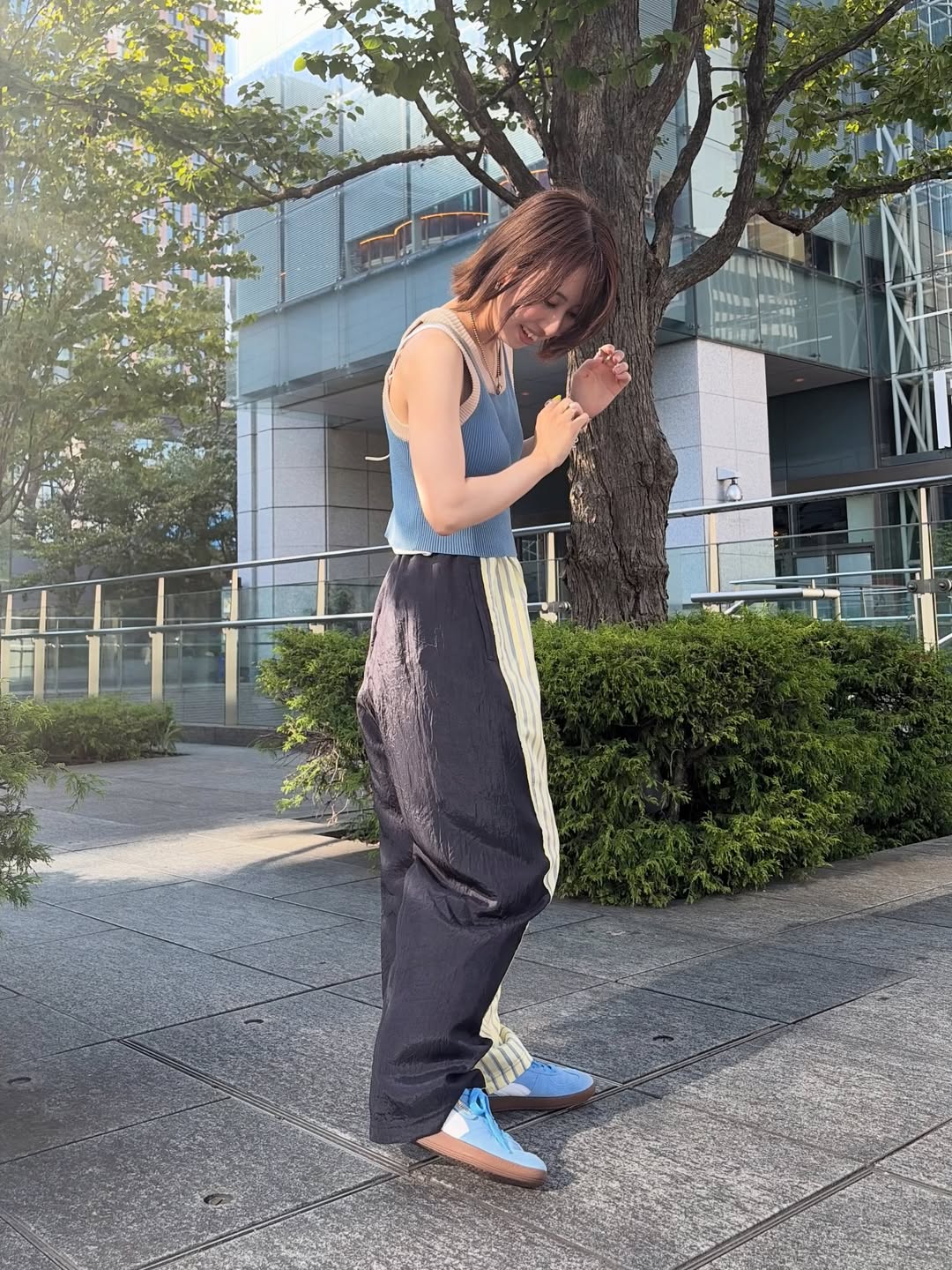 拼色 薄纱条纹休闲裤 2
